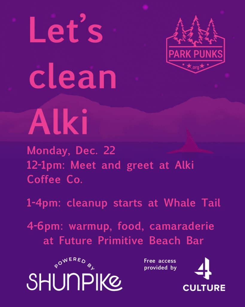 An ad for a beach cleanup. It reads: "Let's clean alki" with information about when and where, with sponsorship logos along the bottom. The design is a purple blue sky gradient-ing to a deep blue ocean, with pink mountains, text, and logo.