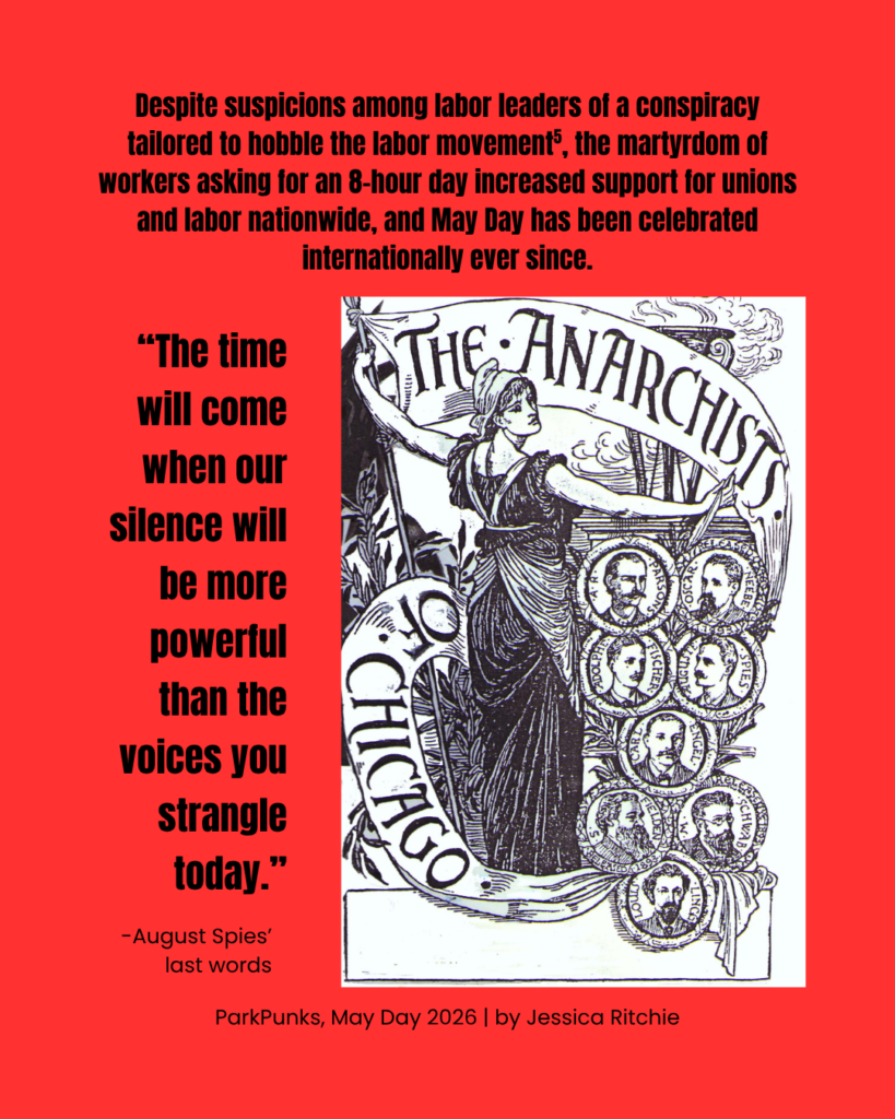 Image description: a woman unfurls a banner reading "The Anarchists of Chicago." She peers over her shoulder at portraits of the alleged bombers. A torch is lit in the background. Image text: Despite suspicions among labor leaders of a conspiracy tailored to hobble the labor movement [notation 5], the martyrdom of workers asking for an 8-hour day increased support for unions and labor nationwide, and May Day has been celebrated internationally ever since." Then a quote: "'The time will come when our silence will be more powerful than the voices you strangle today.' - August Spies' last words." Followed by a byline: "ParkPunks, May Day 2026 | by Jessica Ritchie"